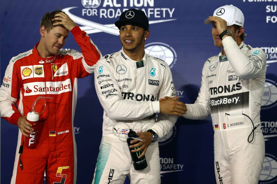 I milgiori tre delle prove cronometrate in Bahrain: da sinistra Vettel, Hamilton, Rosberg (LaPresse)